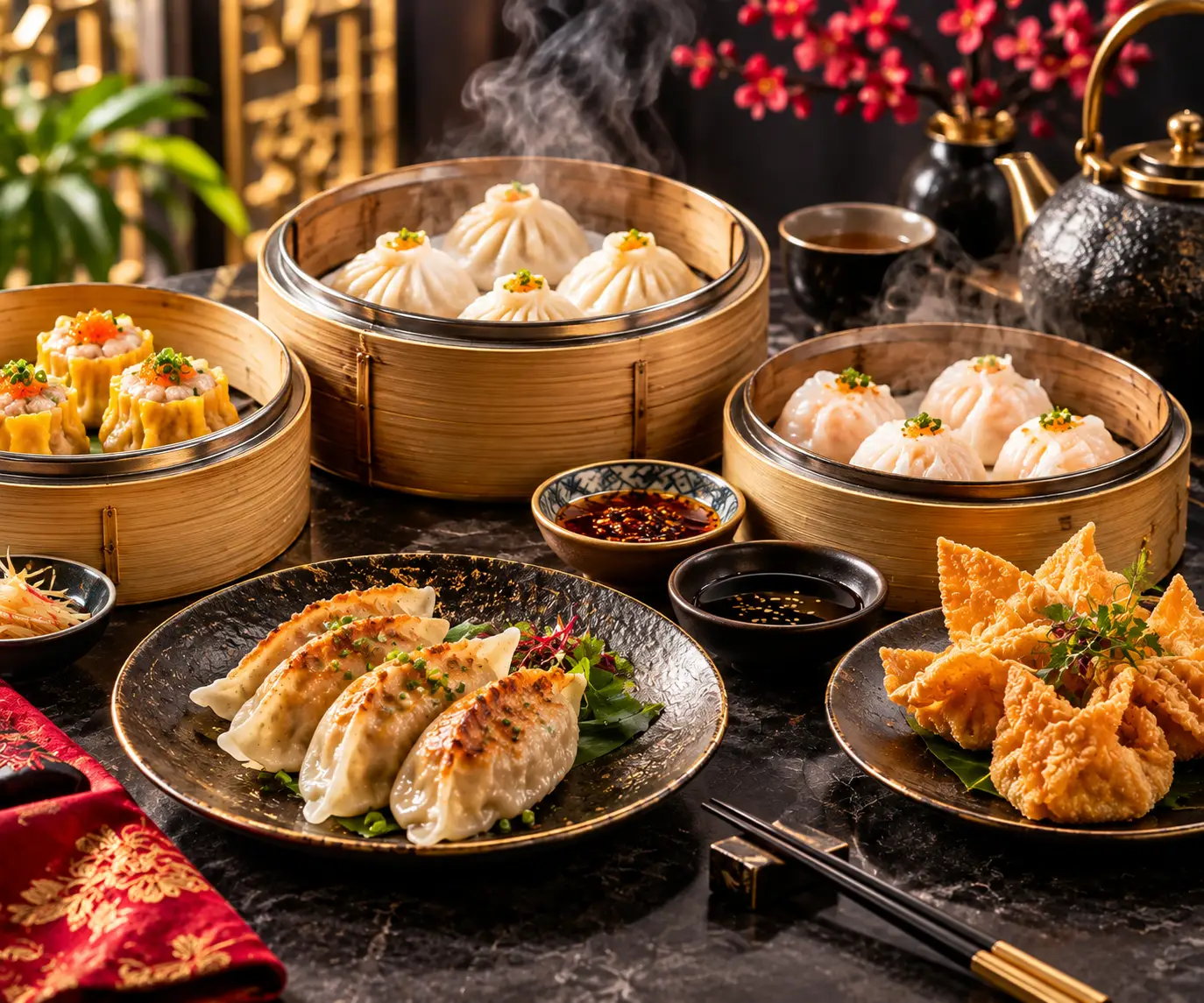Steaming Dim Sum Feast on Marble